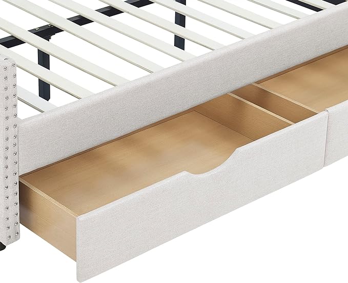 Full Size Daybed with 2 Storage Drawers,Linen Upholstered Sofa Bed W/Button on Back & Copper Nail on Waved Shape Armrests,No Spring Box Need,Wood Bedframe for Living Room Bedroom Dorm,Beige - LeafyLoom