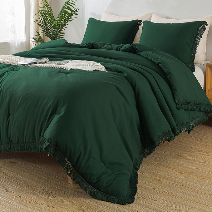 Andency Dark Emerald Green Comforter Set California King, Cal King Boho Lightweight Bedding Comforter Sets, 3 Pieces Oversized All Season Soft Tassel Bed Set (104x96In Comforter & 2 Pillowcases) - LeafyLoom