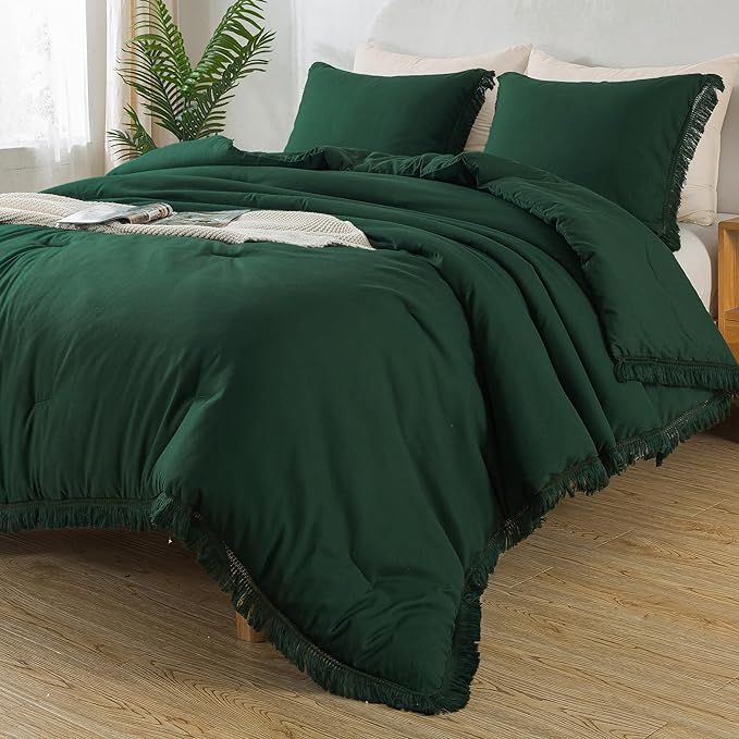 Andency Dark Emerald Green Comforter Set King Size, 3 Pieces Boho Lightweight Tassel Forest Bedding Comforter Sets, All Season Soft Fluffy Fringe Bed Set (104x90In Comforter & 2 Pillowcases) - LeafyLoom