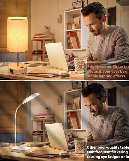 Table Lamps Set of 2 Touch Control, 2 USB Charging Ports&AC Outlet, 3-Way Dimmable Bedside Nightstand Lamp with Flaxen Fabric Shade and Wooden Base for Bedroom, 2-Pack A19 LED Bulbs Included - LeafyLoom
