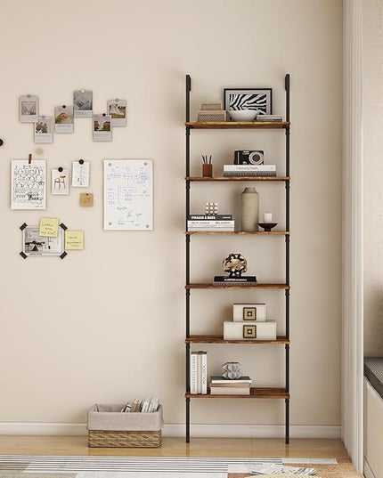 Panana 6 Tier Tall Modern Bookshelf, Industrial Ladder Shelf Open Space Wall Mount Bookshelf with Metal Frame Sturdy Bookcase for Living Room (Brown, 6-Tier) - LeafyLoom