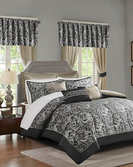 Madison Park Essentials Brystol 24 Piece Room in a Bag Faux Silk Comforter Jacquard Paisley Design Matching Curtains Down Alternative All Season Bedding-Set, Queen(90 in x 90 in), Black 24 Piece - LeafyLoom