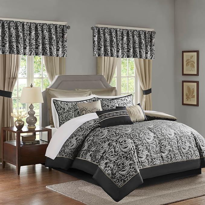 Madison Park Essentials Brystol 24 Piece Room in a Bag Faux Silk Comforter Jacquard Paisley Design Matching Curtains Down Alternative All Season Bedding-Set, Queen(90 in x 90 in), Black 24 Piece - LeafyLoom