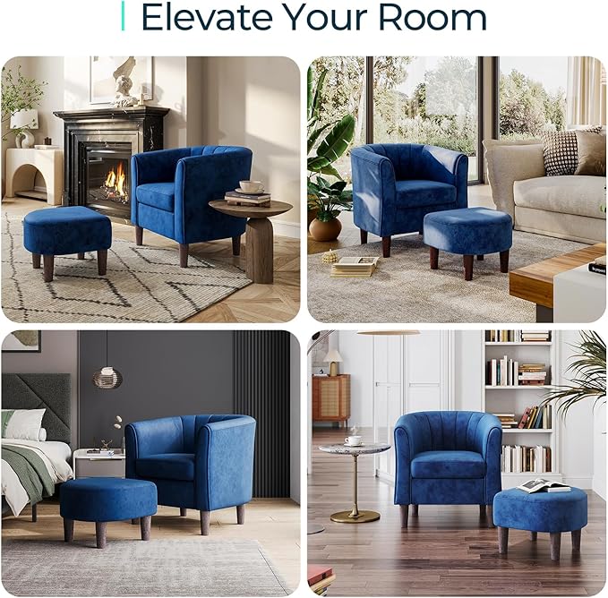 Velvet Accent Chair, Barrel Chair with Ottoman, Modern Comfy Reading Chair Armchair for Living Room Study Room Office, Blue - LeafyLoom