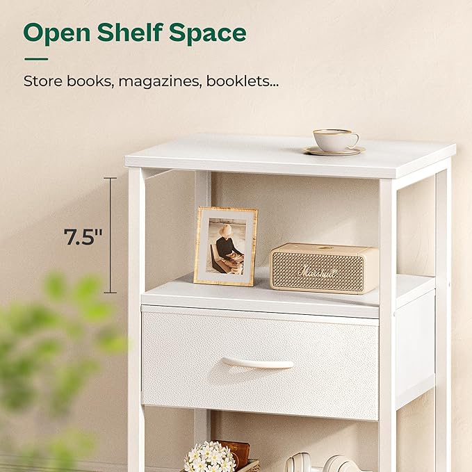 Nightstand Set of 2, Night Stand with Fabric Drawer, Mesh Shelf, Side Table with Storage, Fabric Drawer Dresser, Open Shelf, Metal Frame, Bedroom, White - LeafyLoom