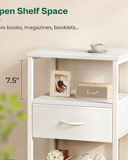 Night Stand with Fabric Drawer, Side Table with Mesh Shelf, Bedroom Nightstand, Fabric Drawer Dresser, Open Shelf, Metal Frame, Couch Side, White - LeafyLoom