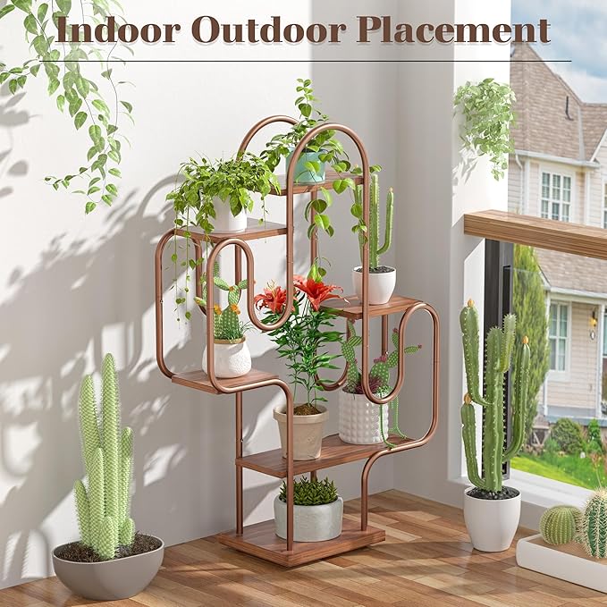 Allinside Cactus Corner Bookshelf, 6 Tiers Multipurpose Plant Stand, Heavy-Duty Metal Corner Shelf, Creative Tall Display Rack, Rustic Bookcase for Living Room, Bedroom, Home Office and Balcony - LeafyLoom