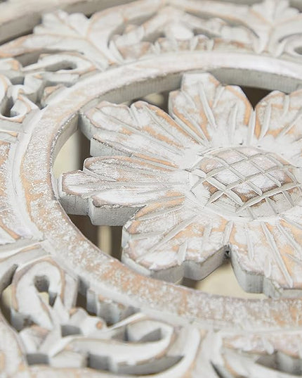 Deco 79 Wooden Floral Handmade Living Room Coffee Table Intricately Carved Table with Hollow Interior, Center Table 33" x 33" x 18", Light Gray - LeafyLoom
