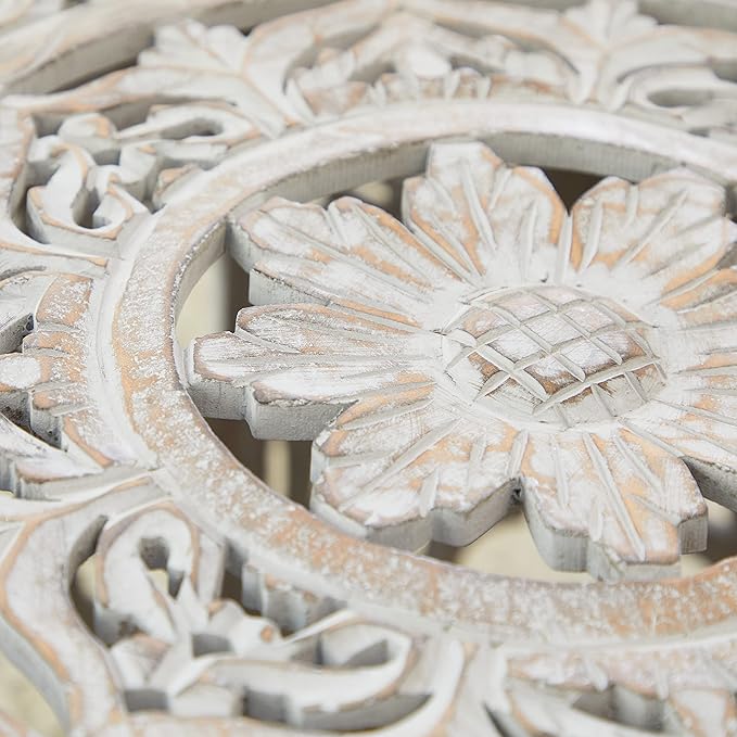 Deco 79 Wooden Floral Handmade Living Room Coffee Table Intricately Carved Table with Hollow Interior, Center Table 33" x 33" x 18", Light Gray - LeafyLoom