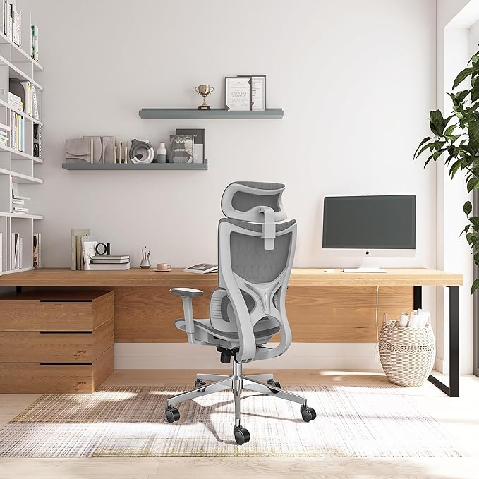 Ergonomic Office Chair with 3D Armrest, Big and Tall Computer Desk Chair with Adjustable Headrest, Seat Depth, Lumbar Support, Home Office Gaming Chair Light Grey - LeafyLoom