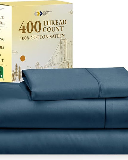 California Design Den 100% Cotton Sheets, Twin XL Sheets Set, 3 Pieces, 400 Thread Count Sateen, Bedding for Dorm Rooms & Adults, Deep Pocket Sheets, Cooling Sheets (Peacock Blue) - LeafyLoom