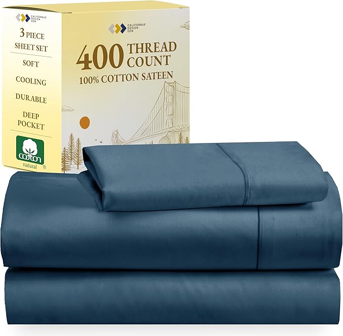 California Design Den 100% Cotton Sheets, Twin XL Sheets Set, 3 Pieces, 400 Thread Count Sateen, Bedding for Dorm Rooms & Adults, Deep Pocket Sheets, Cooling Sheets (Peacock Blue) - LeafyLoom