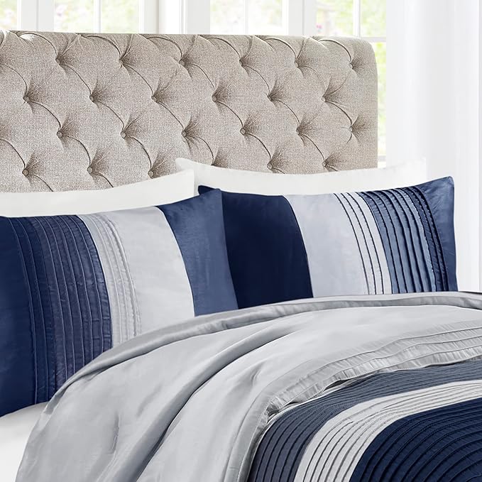 Madison Park Amherst Faux Silk Comforter Set-Casual Contemporary Design All Season Down Alternative Bedding, Matching Shams, Bedskirt, Decorative Pillows, Queen(90"x90"), Navy, 7 Piece (MP10-2207) - LeafyLoom
