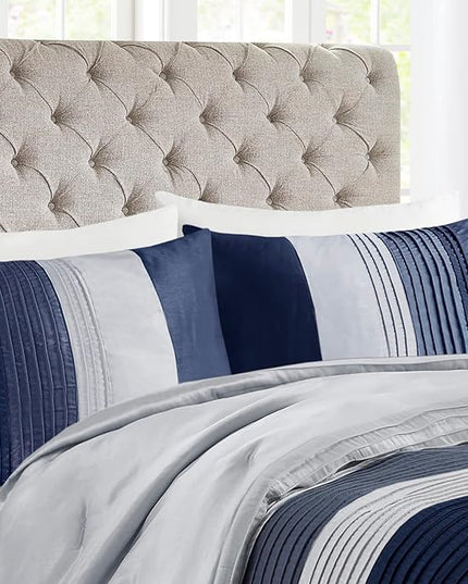 Madison Park Amherst Faux Silk Comforter Set-Casual Contemporary Design All Season Down Alternative Bedding, Matching Shams, Bedskirt, Decorative Pillows, King(104"x92"), Navy, 7 Piece (MP10-2208) - LeafyLoom