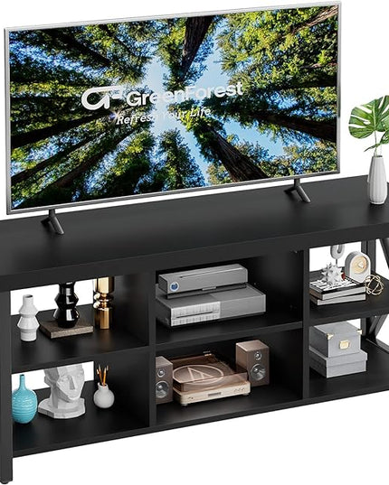GreenForest TV Stand for TV up to 65 inches, Entertainment Center with 6 Storage Cabinet for Living Room, 55 inch Farmhouse Television Stands Console Table, Industrial TV stands for Living Room, Black - LeafyLoom