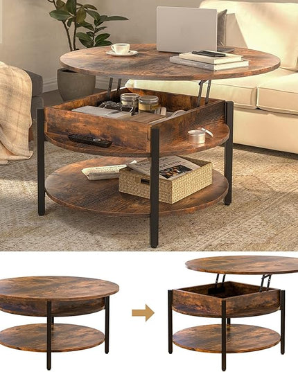 FABATO Round Lift Top Coffee Table for Living Room, 35.43'' Round Coffee Table with Storage and Hidden Compartment, 2 Tier Large Farmhouse Coffee Table Round Dining Table, Rustic Brown - LeafyLoom