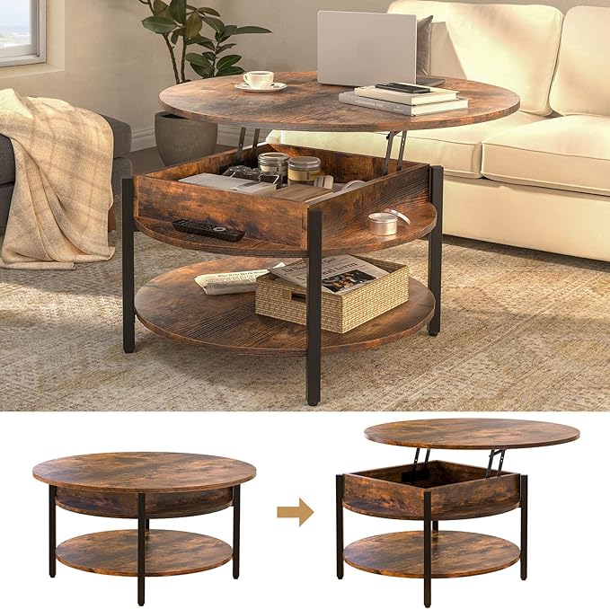 FABATO Round Lift Top Coffee Table for Living Room, 35.43'' Round Coffee Table with Storage and Hidden Compartment, 2 Tier Large Farmhouse Coffee Table Round Dining Table, Rustic Brown - LeafyLoom