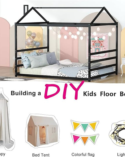 Bellemave Queen Size Metal Floor Bed for Kids,Montessori Floor Bed with Roof,House Bed for Boys Girls,Metal House Shape Platform Bed,Black - LeafyLoom