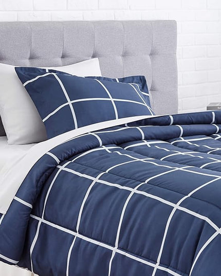 Amazon Basics Lightweight Microfiber Bed-in-a-Bag Comforter 5 Piece Bedding Set, Twin/Twin XL, Navy with Grey Plaid - LeafyLoom