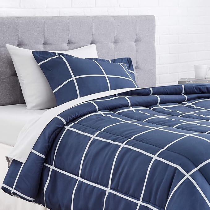 Amazon Basics Lightweight Microfiber Bed-in-a-Bag Comforter 5 Piece Bedding Set, Twin/Twin XL, Navy with Grey Plaid - LeafyLoom