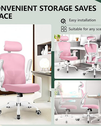FelixKing Premium Ergonomic Office Chair with Adjustable Headrest, Thickened 90° Flip Armrests, and Lumbar Support – Height Adjustable | Ideal for Home Office Desks and Workstations | Pink - LeafyLoom
