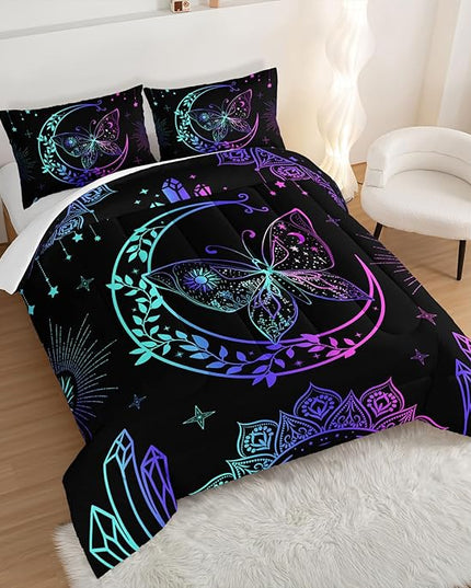 HOSIMA Butterfly Comforter Set 3Piece with 2 Pillowcases,Black Comforter Butterfly Aesthetics Room Decor,Boho Mandala Comforter Butterfly Bedding Set for Girls,Bohemian Queen Comforter Set. - LeafyLoom
