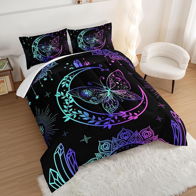 HOSIMA Butterfly Comforter Set 3Piece with 2 Pillowcases,Black Comforter Butterfly Aesthetics Room Decor,Boho Mandala Comforter Butterfly Bedding Set for Girls,Bohemian King Size Comforter Set. - LeafyLoom