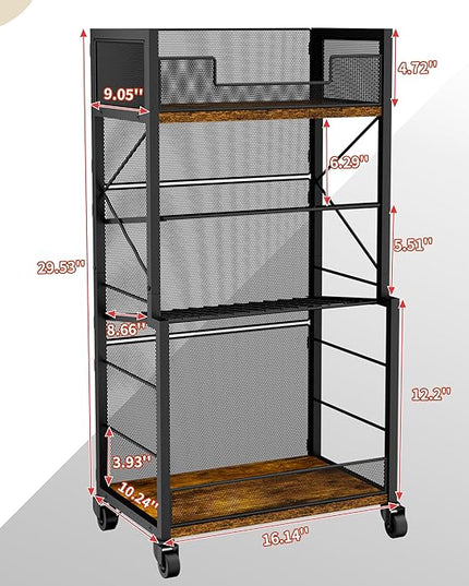 4-Tier Rolling Storage Cart Organizer with 2 Mesh Sliding Trays, Can,Drink,Snack Organizer Shelves, Retro Utility Cart on Lockable Wheels for Kitchen,Bathroom,Study,Pantry - LeafyLoom