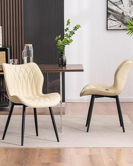YOUNIKE Dining Chairs Set of 2, Upholstered Faux Leather Kitchen Chairs Dining Room Chairs, Modern Living Room Bedroom Side Chairs with Wide Curved Back and Adjustable Metal Legs, Beige - LeafyLoom