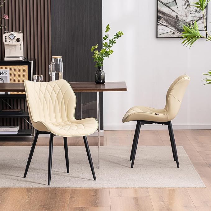 YOUNIKE Dining Chairs Set of 2, Upholstered Faux Leather Kitchen Chairs Dining Room Chairs, Modern Living Room Bedroom Side Chairs with Wide Curved Back and Adjustable Metal Legs, Beige - LeafyLoom