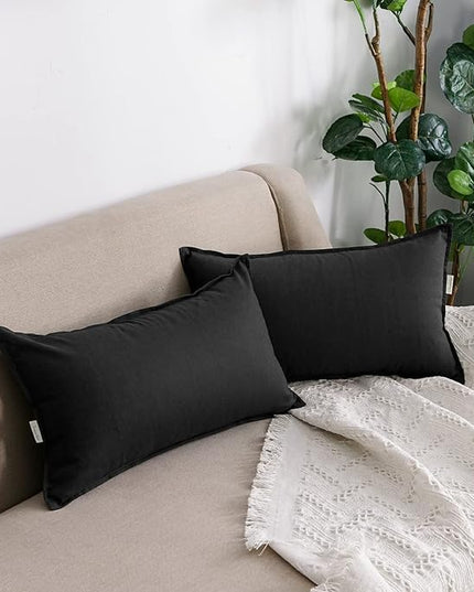 Jeanerlor Natural Cotton Linen Green Decorative 12"x20" Throw Pillow Case Cushion Cover with Twin Needles Stitch on Edge for Lumbar, (30 x 50cm), 2 Pcs, Black - LeafyLoom