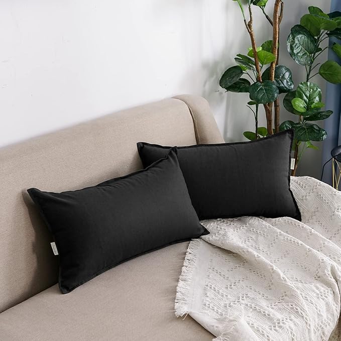 Jeanerlor Natural Cotton Linen Green Decorative 12"x20" Throw Pillow Case Cushion Cover with Twin Needles Stitch on Edge for Lumbar, (30 x 50cm), 2 Pcs, Black - LeafyLoom