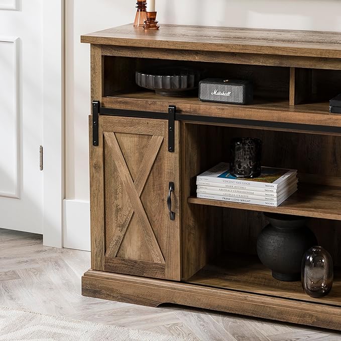Walker Edison Clayton Farmhouse Sliding Double Barn Door TV Stand for TVs up to 58 Inches, 52 Inch, Rustic Oak - LeafyLoom