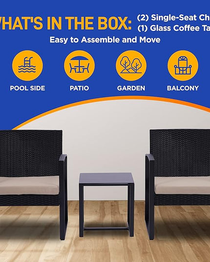 SereneLife Patio Outdoor Furniture, 3 Pcs. Per Set-includes 2 Single Chairs with Soft Cushion and 1 Glass-top Coffee Table, Black Weather-Resistant Resin Wicker Rattan, Brown - LeafyLoom