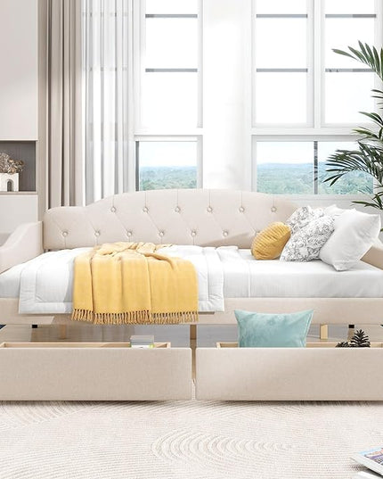 Full Size Upholstered Daybed with 2 Storage Drawers,Linen Sofa Bed W/Button Tufted Back & Nailhead Decorated Waved Shape Arms,Slat Support,Bedframe for Bedroom Livingroom Small Space,Beige - LeafyLoom