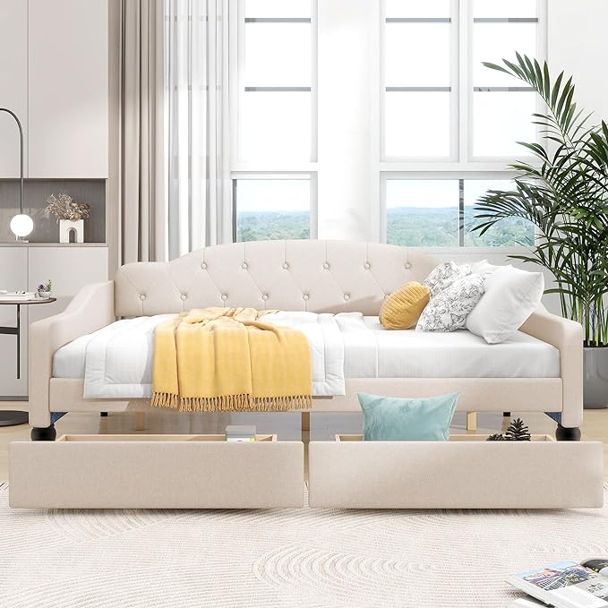 Full Size Upholstered Daybed with 2 Storage Drawers,Linen Sofa Bed W/Button Tufted Back & Nailhead Decorated Waved Shape Arms,Slat Support,Bedframe for Bedroom Livingroom Small Space,Beige - LeafyLoom