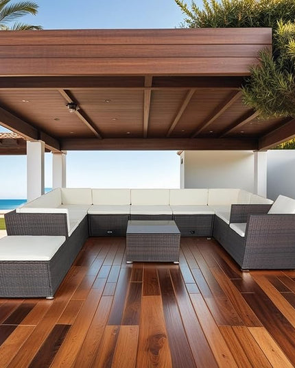 11 Pieces Outdoor Furniture Sofa, 10 Seater Patio Sectional Set with 3 Storage Box Under Seat Brown Wicker + White Cushion for Garden, Balcony, Poolside, Backyard, Zk-Beige - LeafyLoom