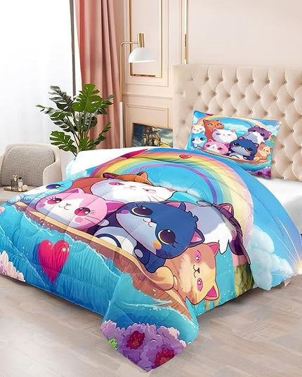 Cat Comforter Set - Cartoon Cat Bedding Sets Twin Comforter Set for Girls Kids Cute Kitty Design Animal Bedding Soft Breathable Cat Quilt for All Season, 1 Comforter 1 Pillowcase - LeafyLoom