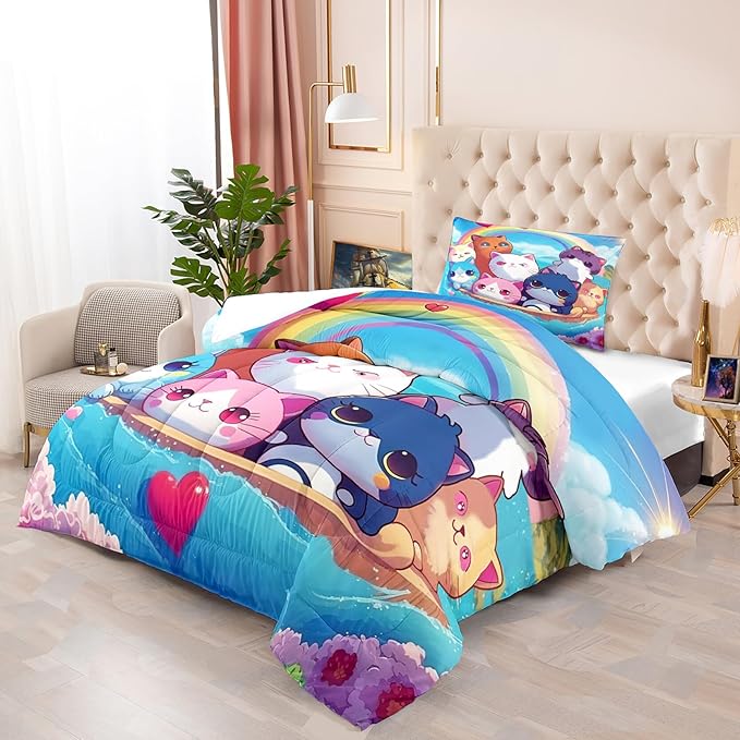 Cat Comforter Set - Cartoon Cat Bedding Sets Twin Comforter Set for Girls Kids Cute Kitty Design Animal Bedding Soft Breathable Cat Quilt for All Season, 1 Comforter 1 Pillowcase - LeafyLoom