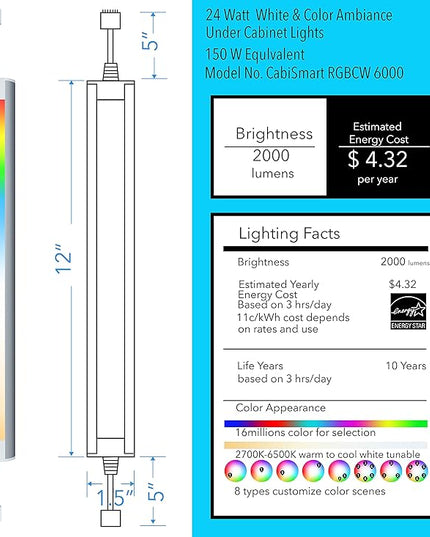 Smart Under Cabinet Lighting Strip Lights White & Color Changing Dimmable Work with Alexa Google Smart Thing Phone App, RGB Multi Colored Lamp for Kitchen Counter Light Fixture (6 Lights Bar Kit) LAMPAOUS