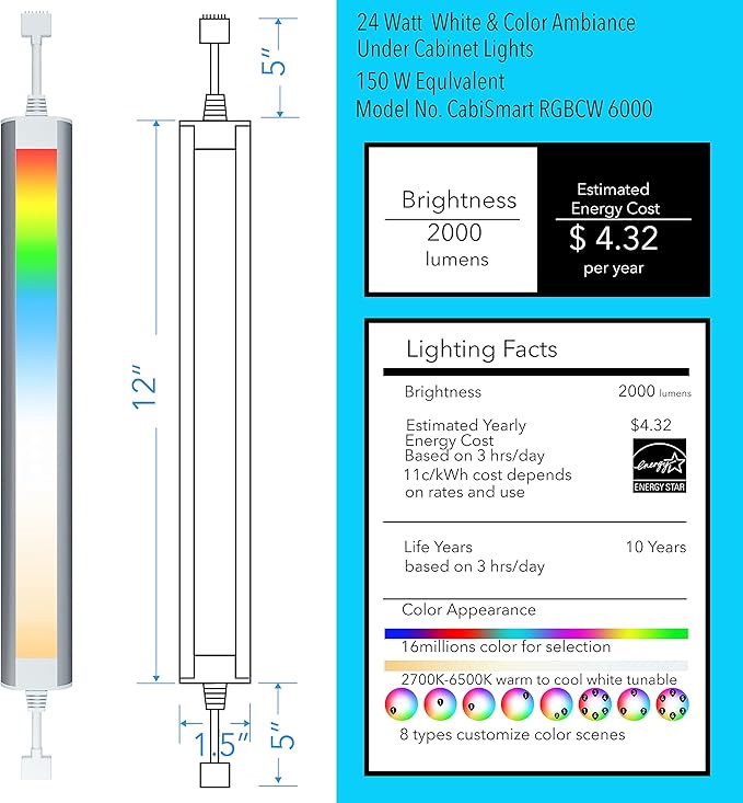 Smart Under Cabinet Lighting Strip Lights White & Color Changing Dimmable Work with Alexa Google Smart Thing Phone App, RGB Multi Colored Lamp for Kitchen Counter Light Fixture (6 Lights Bar Kit) LAMPAOUS