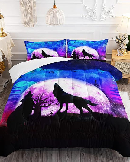 Wolf Comforter Set Galaxy Wolf Night Moon Bedding Set for Kids Teens Room Decor Wild Animals Comforter with 2 Pillowcases - LeafyLoom
