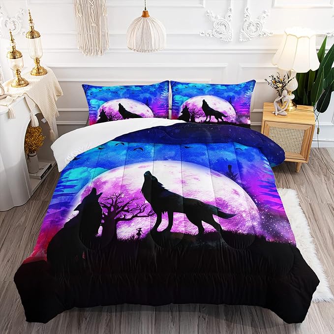 Wolf Comforter Set Galaxy Wolf Night Moon Bedding Set for Kids Teens Room Decor Wild Animals Comforter with 2 Pillowcases - LeafyLoom
