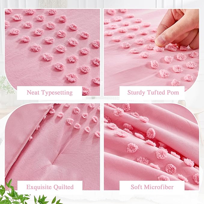 ENJOHOS Queen Comforter Set 7 Piece - Pink Comforters Queen Size, Queen Bed in a Bag Set, Boho Tufted Bedding Comforter Set with Pom Pom Design, Lightweight Soft Microfiber Comforter Bed Set - LeafyLoom