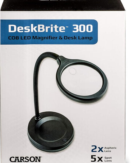Carson DeskBrite300 COB LED Lighted 2x Aspheric Magnifier & Desk Lamp with 5x Spot Lens with Included USB-C Power Adapter, Black (LM-30) - LeafyLoom
