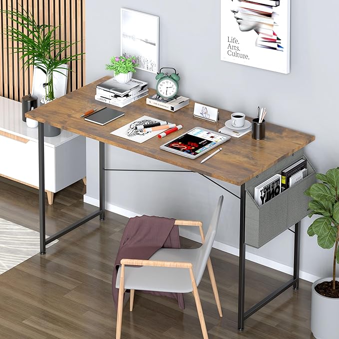 YSSOA Computer Desk Home Office Work Study Writing Modern Simple Table with Headphone Hooks, 47 Inch, Deep Brown - LeafyLoom