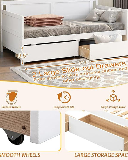 Twin Daybed with 2 Storage Drawers,Pinewood Twin Size Daybed Frame with Solid Guardrail,Dual-Use Sofa Daybed for Boys/Girls/Teens Bedroom, Easy to Assemble, No Box Spring Needed,White - LeafyLoom