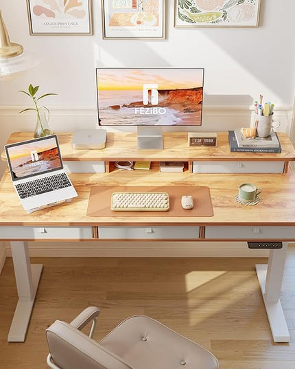 FEZIBO Height Adjustable Electric Standing Desk with 5 Drawers, 48 x 24 Inch Table with Storage Shelf, Sit Stand Desk White Frame/Light Rustic Top, 48 inch - LeafyLoom