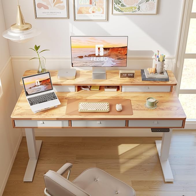 FEZIBO Height Adjustable Electric Standing Desk with 5 Drawers, 48 x 24 Inch Table with Storage Shelf, Sit Stand Desk White Frame/Light Rustic Top, 48 inch - LeafyLoom