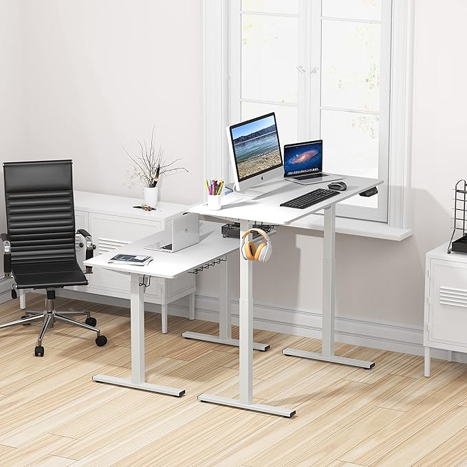 SHW Memory Preset Electric Height Adjustable Standing Desk, 48 x 24 Inches, White - LeafyLoom